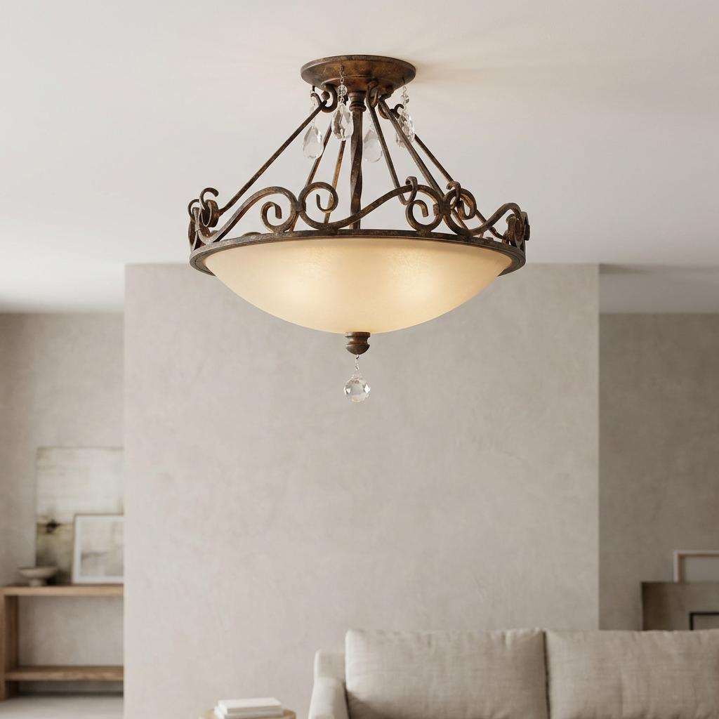 Feiss Chateau 2-light bronze semi-flush ceiling light with ornate scrollwork and crystal drops in a neutral interior.
