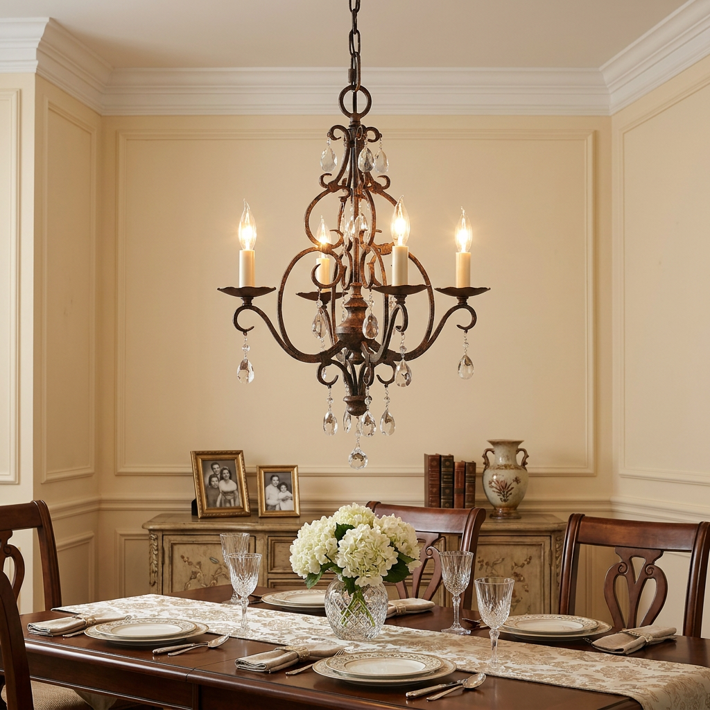 Feiss Chateau 4-light mocha bronze chandelier with crystal accents hanging over a formal dining table.