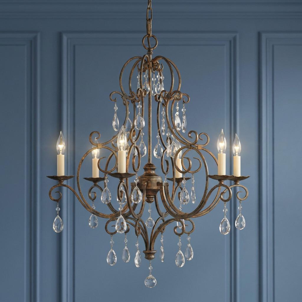 Ornate Feiss Chateau 6-light bronze chandelier with crystal drops and scrollwork against a blue paneled wall.