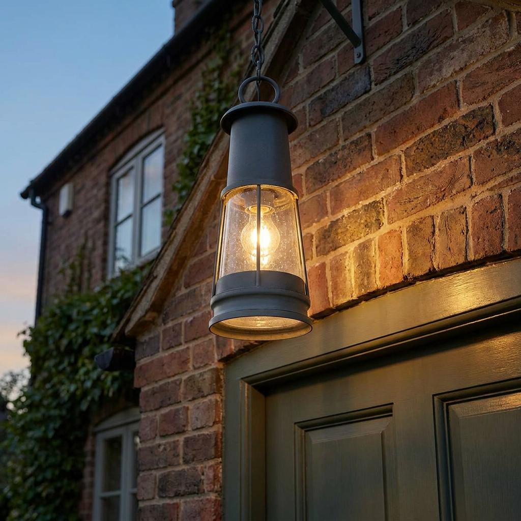A dark grey outdoor pendant light with seeded glass hanging on a red brick wall at dusk.