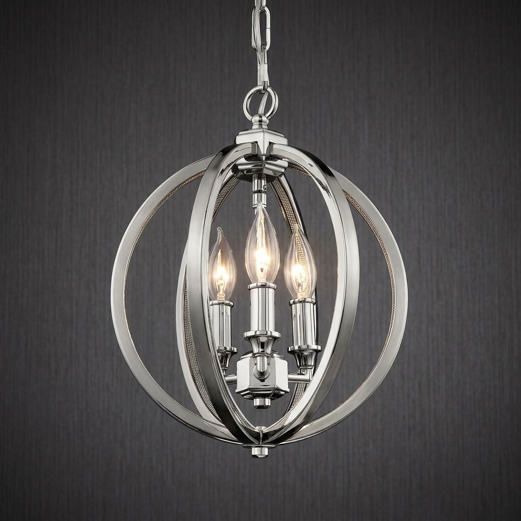 Feiss Corinne 3-light small polished nickel orb pendant with glowing candle bulbs against a dark textured wall.