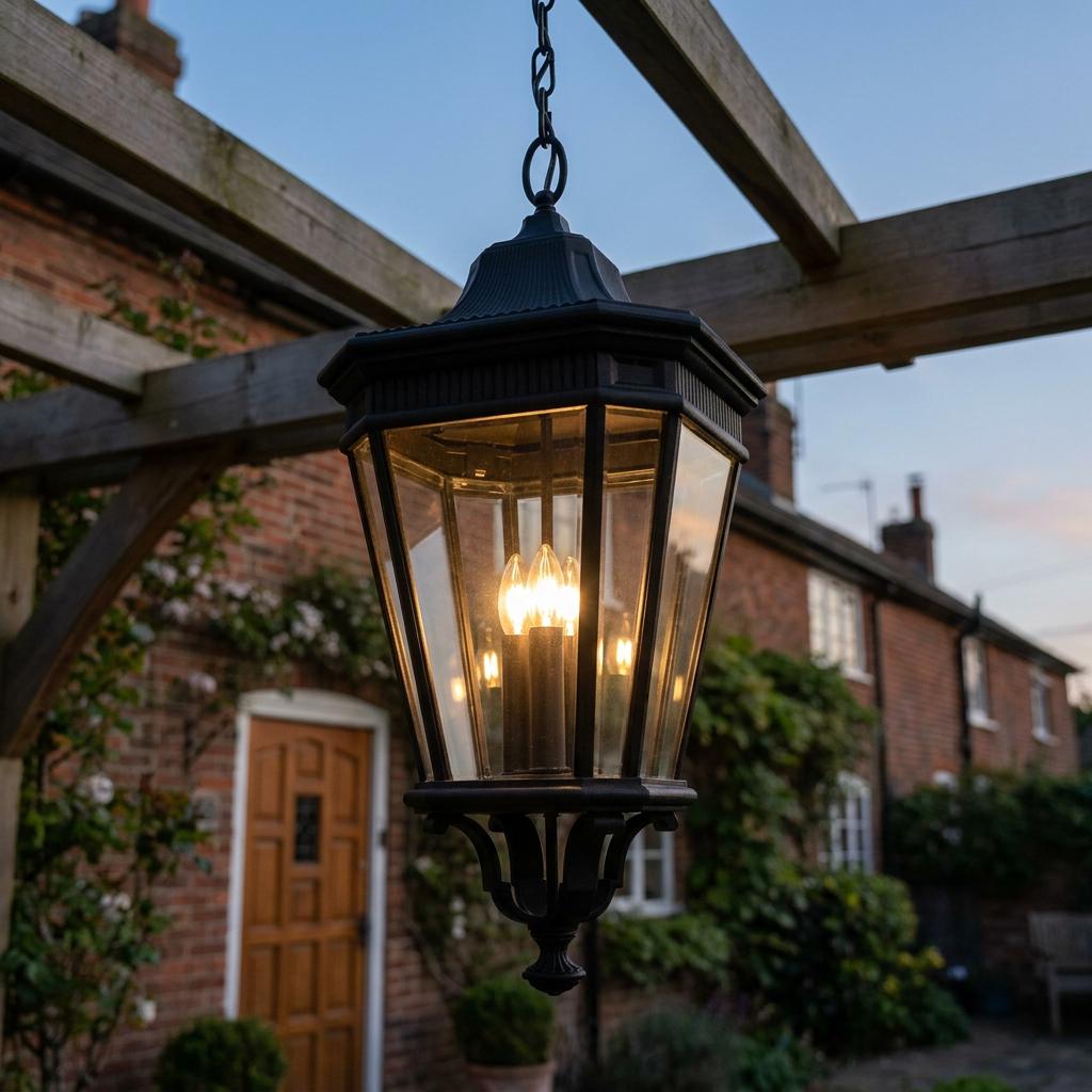 Feiss Cotswold Lane black outdoor pendant light hanging from a wooden pergola with an illuminated three-bulb cluster.