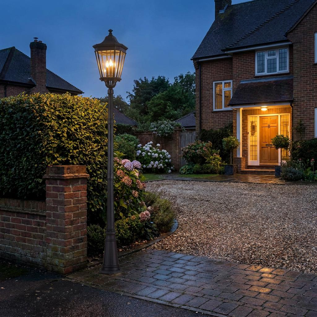 Feiss Cotswold Lane black outdoor post lantern lighting a gravel driveway and garden at dusk.
