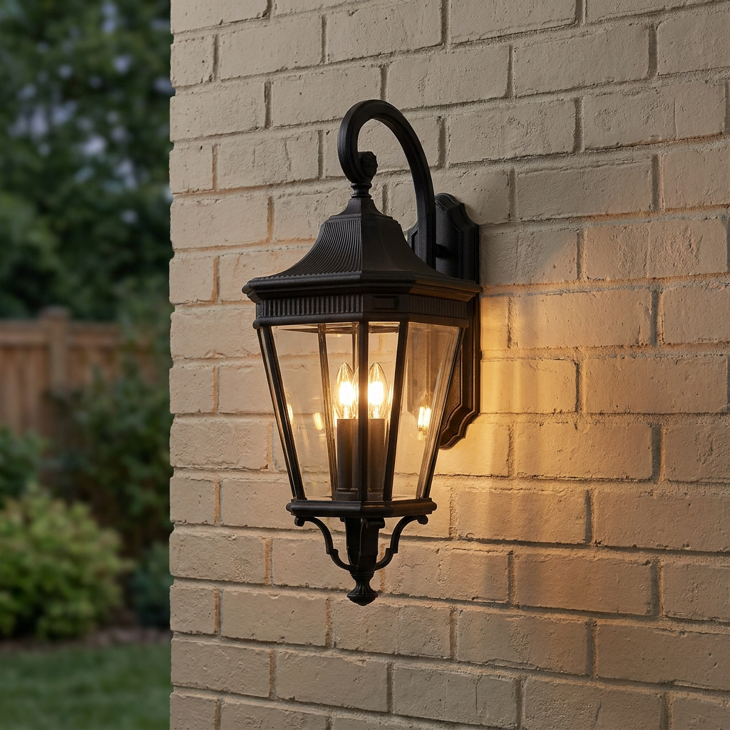 Traditional black outdoor lantern with three lit candle bulbs mounted on a beige brick wall.