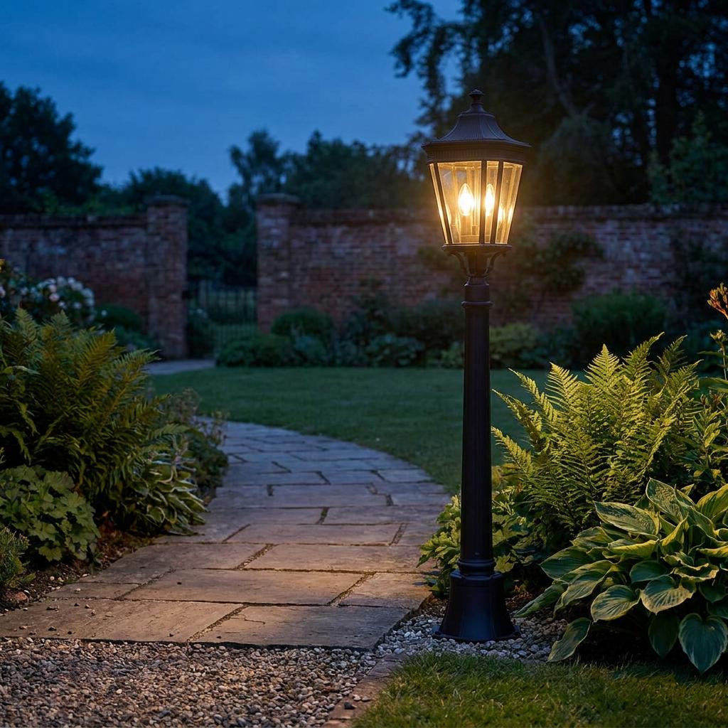 A black medium outdoor bollard light with a warm glow illuminating a garden path at dusk.