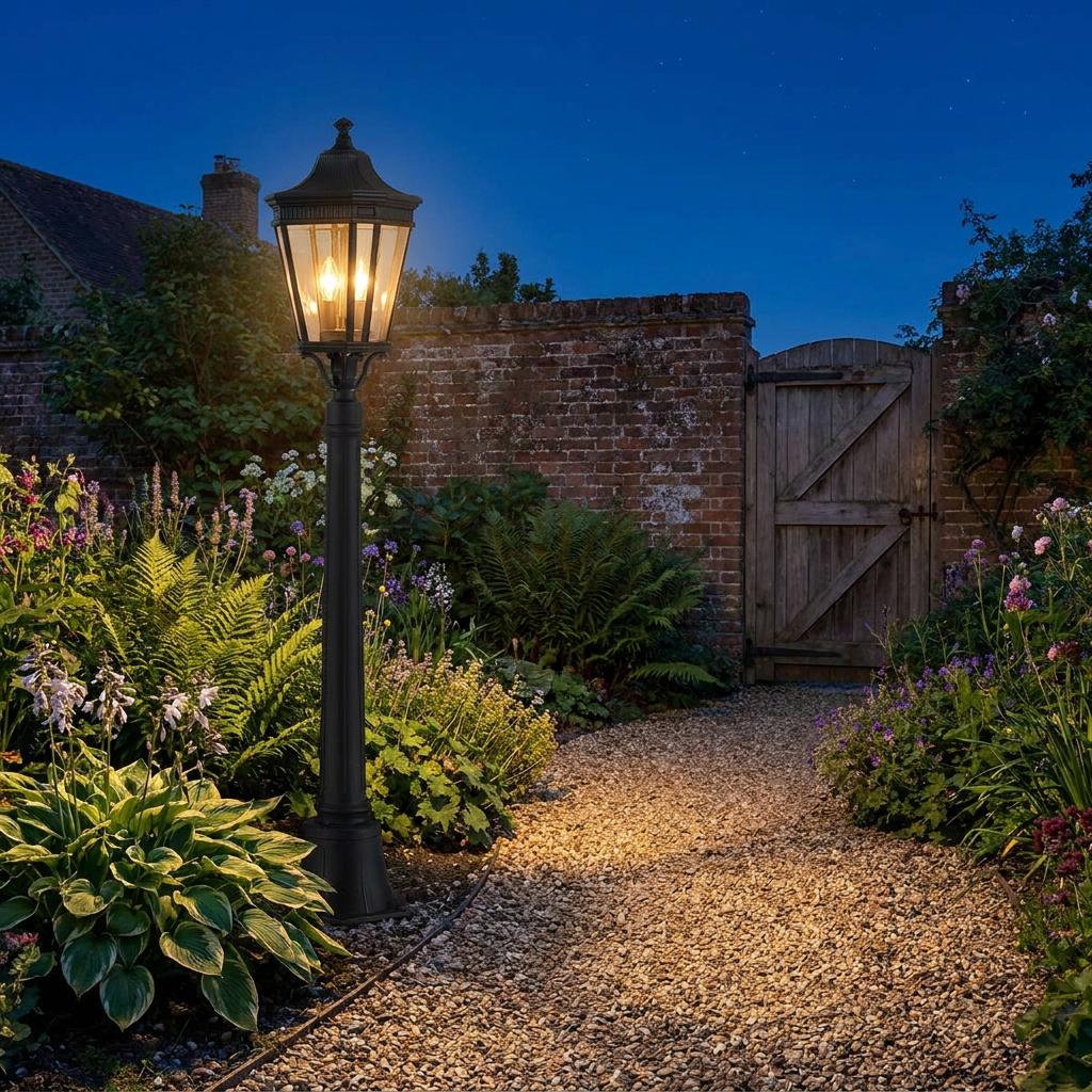 Feiss Cotswold Lane black outdoor bollard light illuminating a gravel path and garden at night.