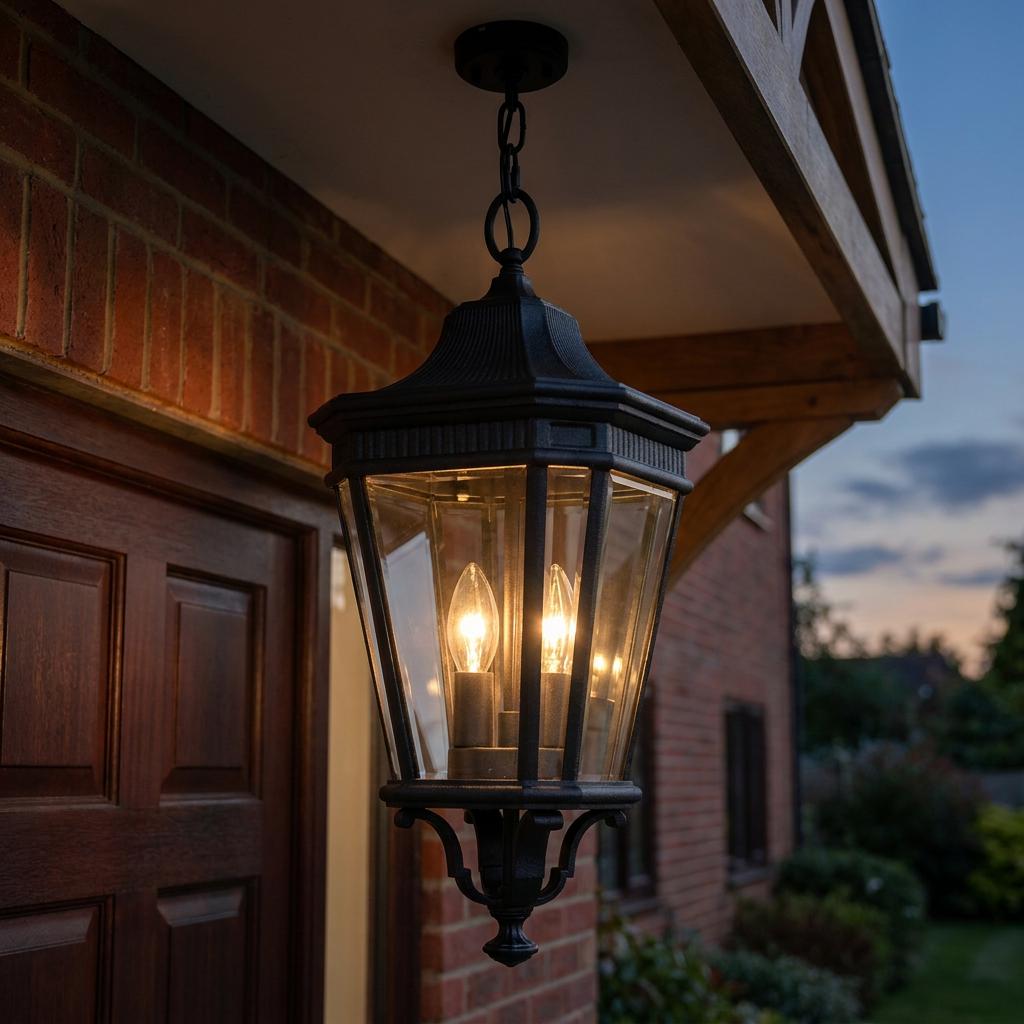 Black outdoor lantern pendant light with clear glass and lit bulbs, hanging from a wooden porch roof at twilight.