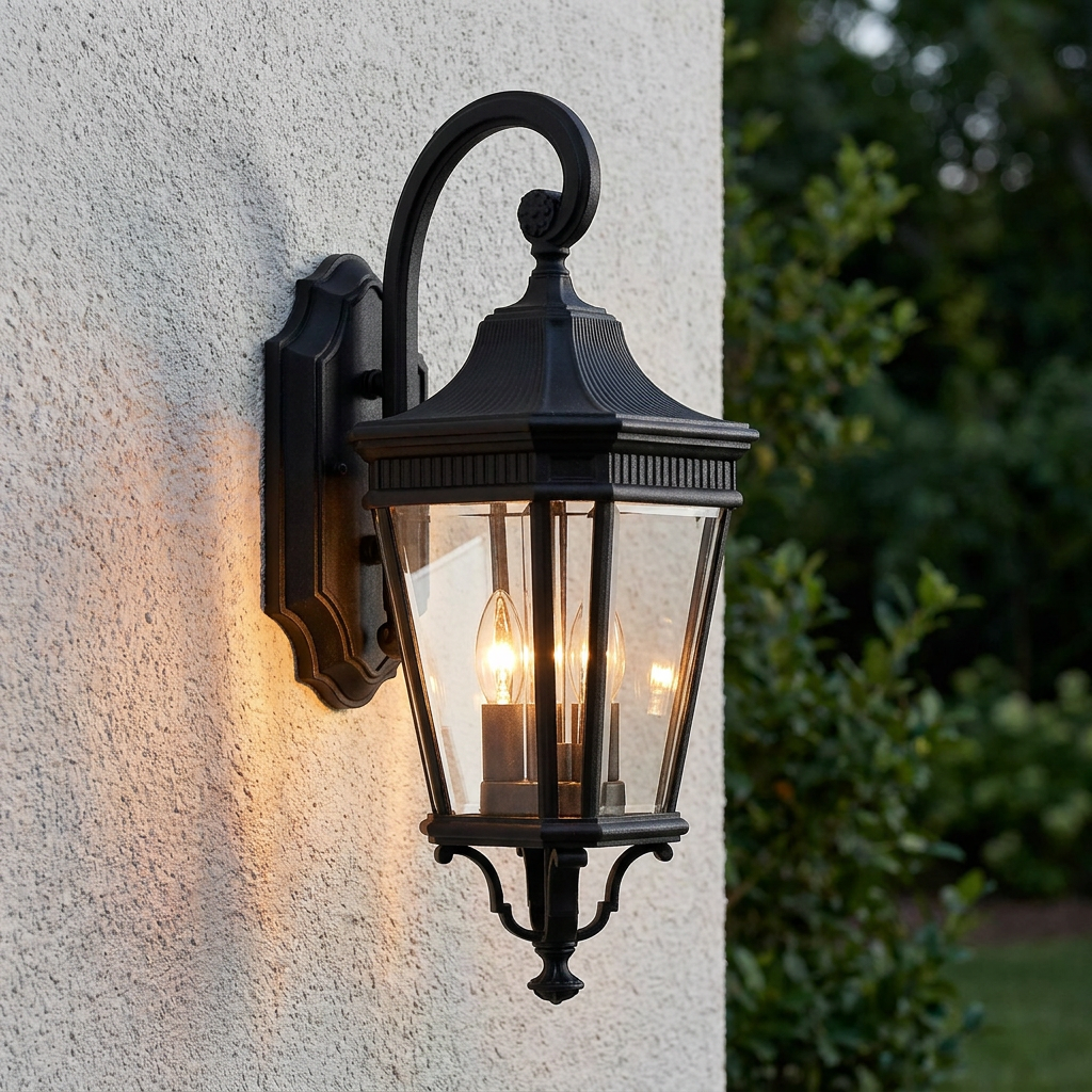 Black lantern-style outdoor wall light with glowing candle bulbs mounted on a white textured wall.