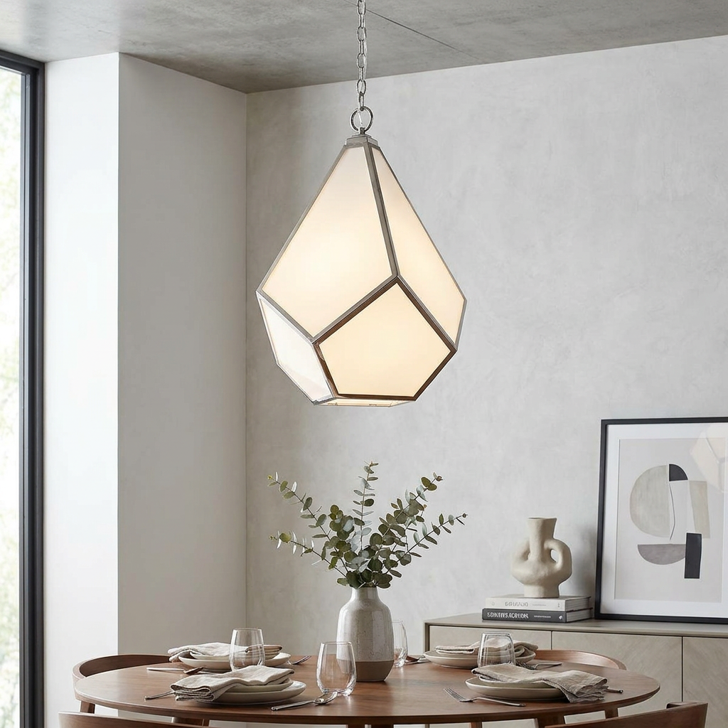 Geometric diamond-shaped pendant chandelier in polished nickel hanging over a modern wooden dining table.