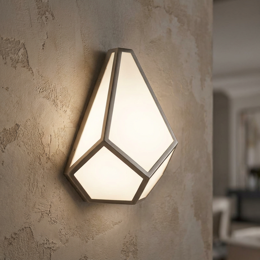 Geometric diamond-shaped wall light with a pewter frame and frosted glass panels on a textured neutral wall.