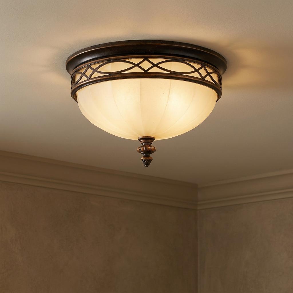 Feiss Drawing Room 3 light flush mount ceiling light with walnut finish and amber glass shade on a beige ceiling.