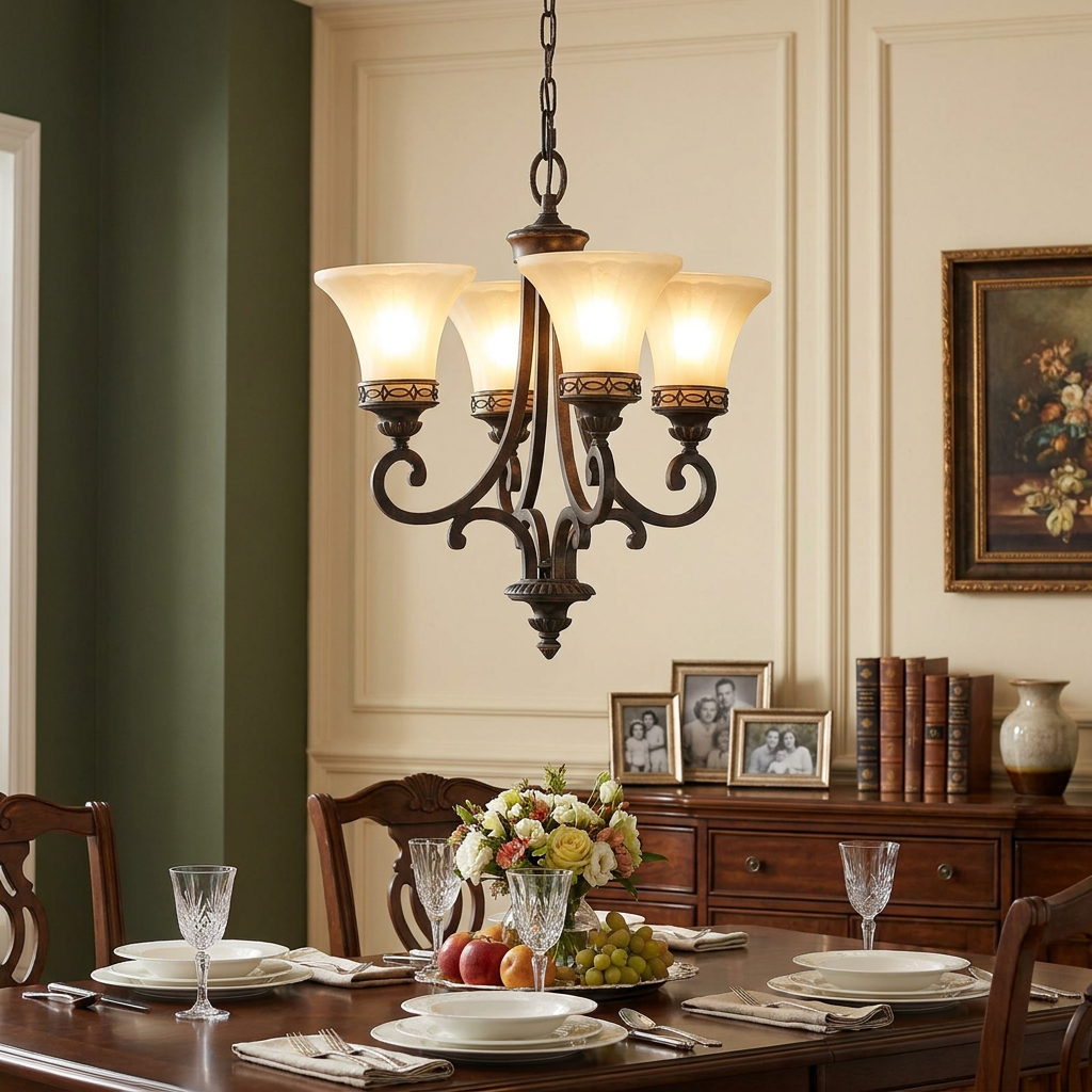 Feiss Drawing Room 4-light walnut chandelier with scalloped glass shades hanging above a formal dining table.