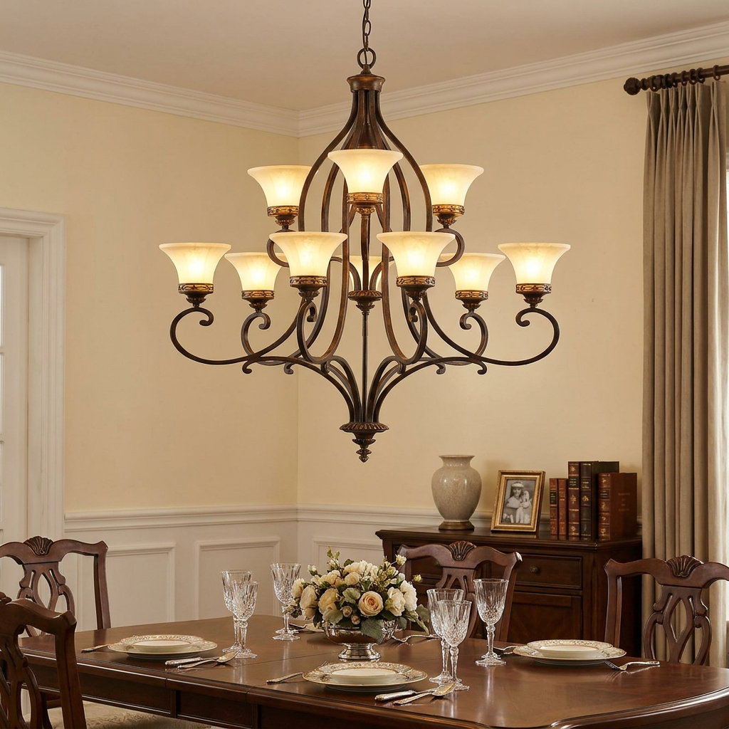 Traditional 9-light walnut chandelier with cream shades over a set dining table in a formal dining room.