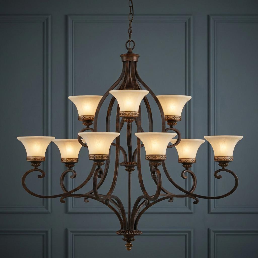 Nine-light walnut chandelier with frosted glass shades and ornate scrolled arms against a dark blue paneled wall.