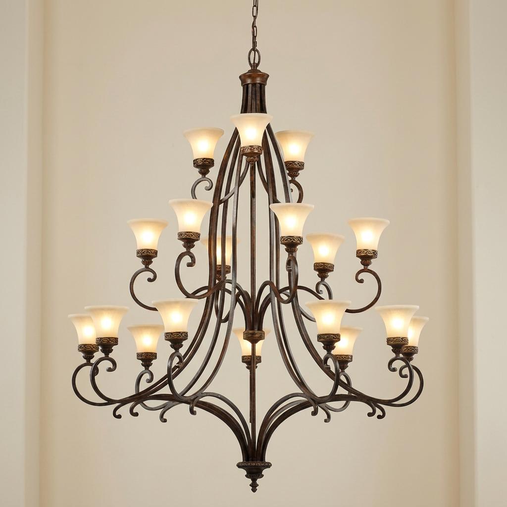 Ornate 18-light chandelier with walnut-finished curved arms and frosted glass shades in a three-tier arrangement.