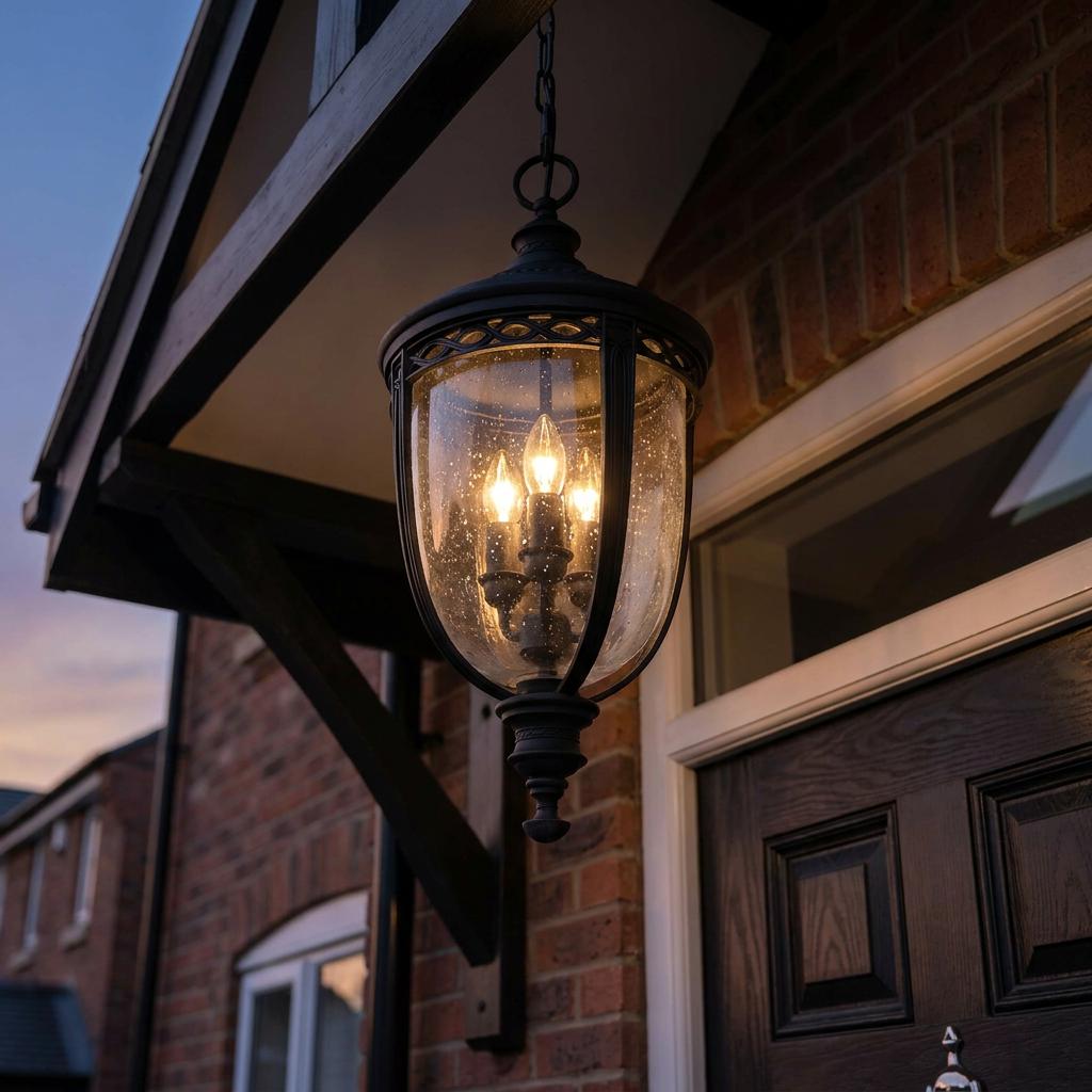 Traditional black outdoor pendant light with seeded glass hanging from a porch at dusk.