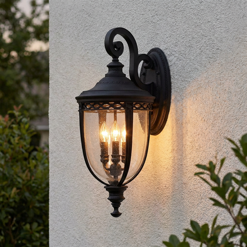 Feiss English Bridle black outdoor wall lantern with seeded glass and warm light mounted on a white textured wall.