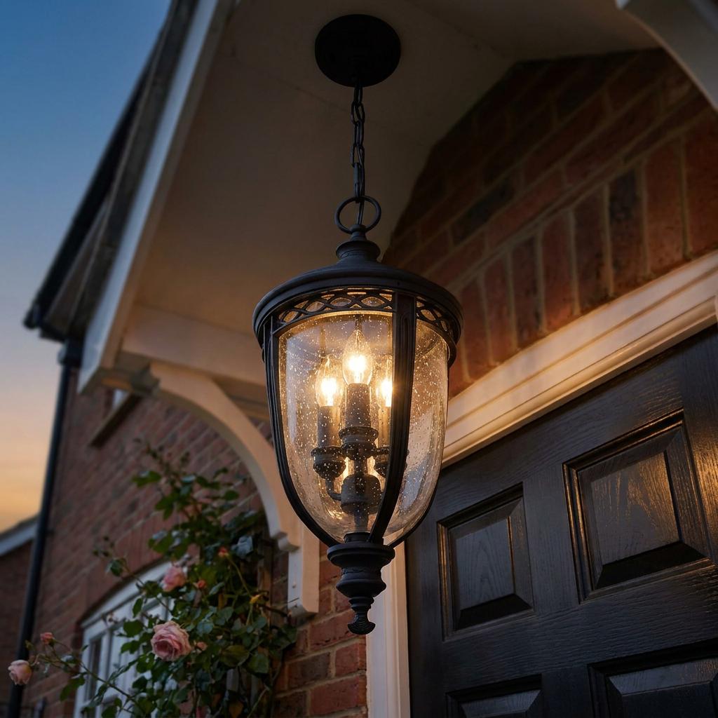 Feiss English Bridle black outdoor pendant light with seeded glass hanging on a porch beside a black door.