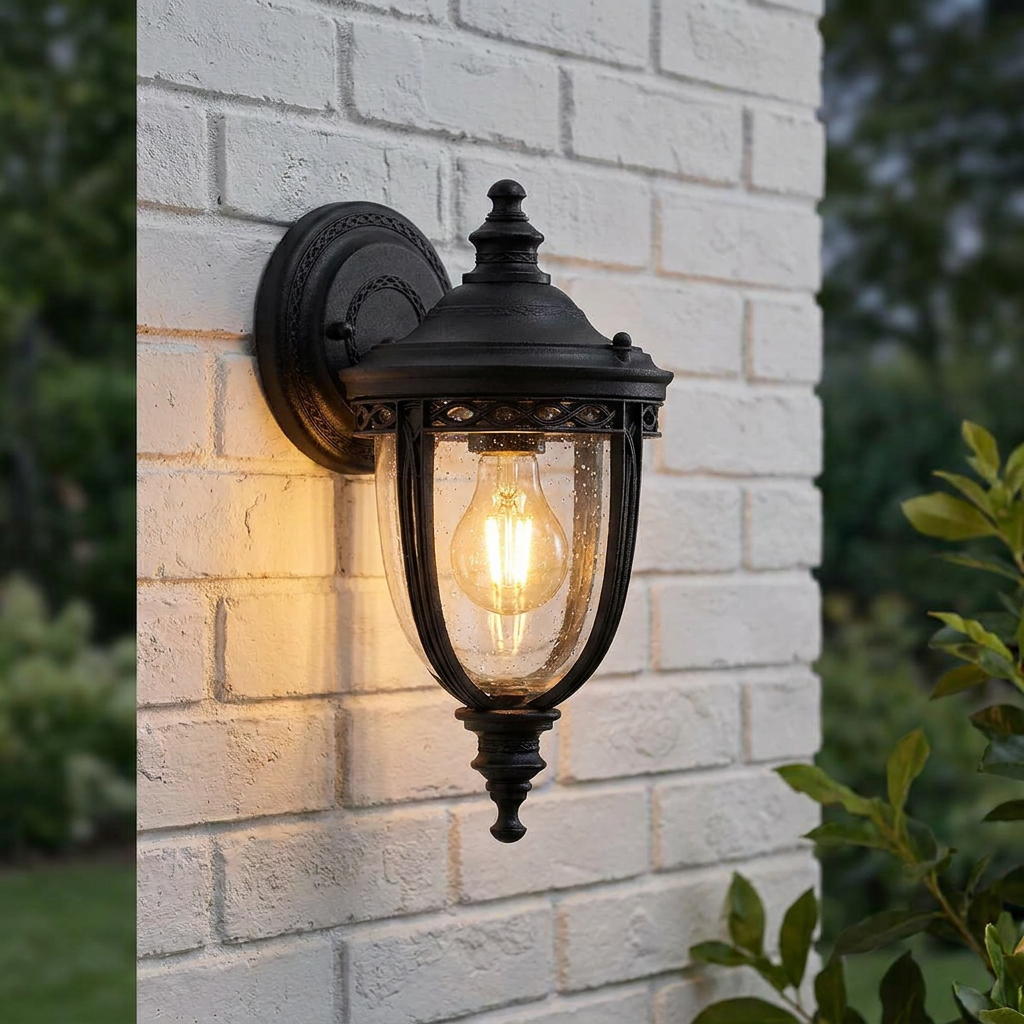 A black traditional outdoor lantern with seeded glass and a glowing bulb mounted on a white brick wall.