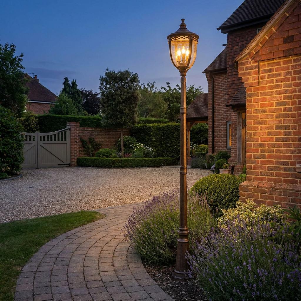 Feiss English Bridle bronze lamp post lighting a garden path and driveway at dusk.