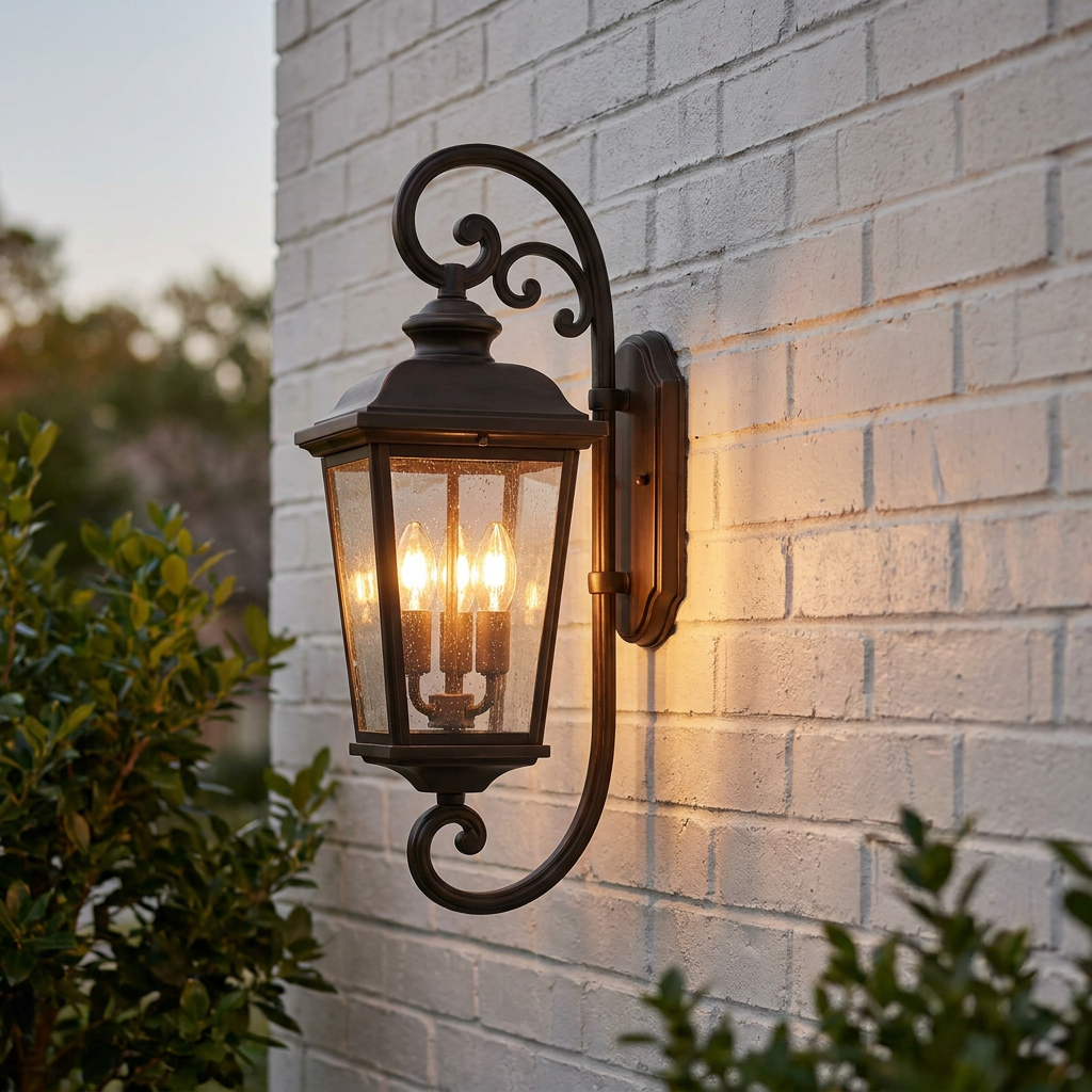 Feiss English Bridle bronze outdoor wall lantern with seeded glass and scrollwork mounted on a white brick wall.