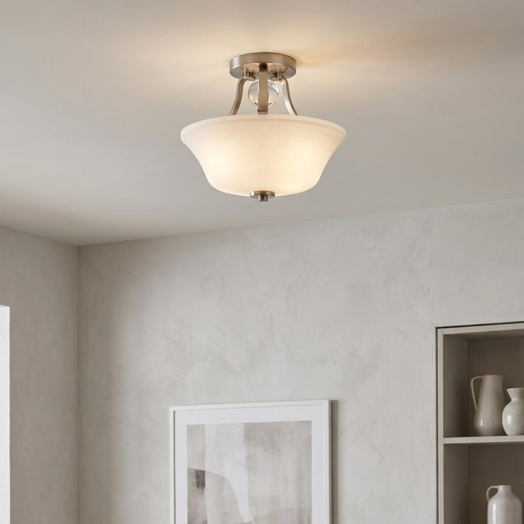 Feiss Evington satin nickel semi-flush ceiling light with a glowing white glass shade in a modern room.