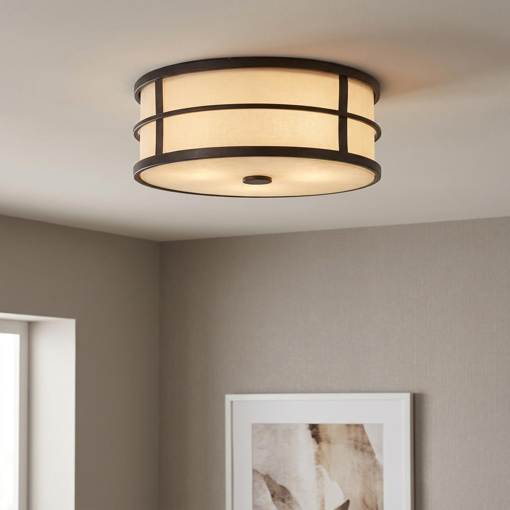 Feiss Fusion 3-light flush mount with a Grecian bronze frame and amber shade illuminating a neutral room.