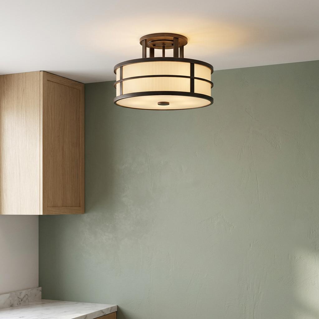 Feiss Fusion 3 Light Semi-Flush Grecian Bronze ceiling light with amber glass mounted in a kitchen.