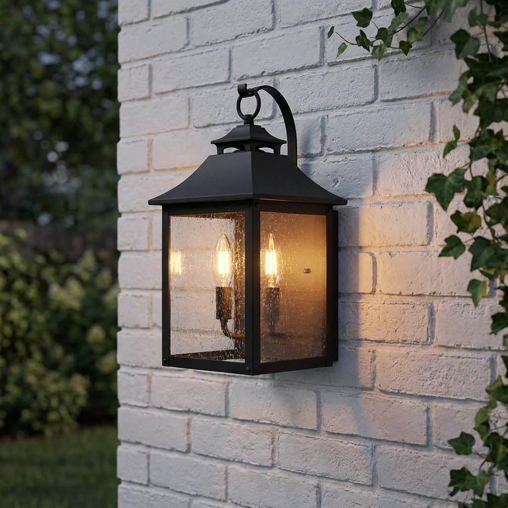 Feiss Galena black outdoor wall lantern with seeded glass and two lit bulbs, mounted on a white brick wall.