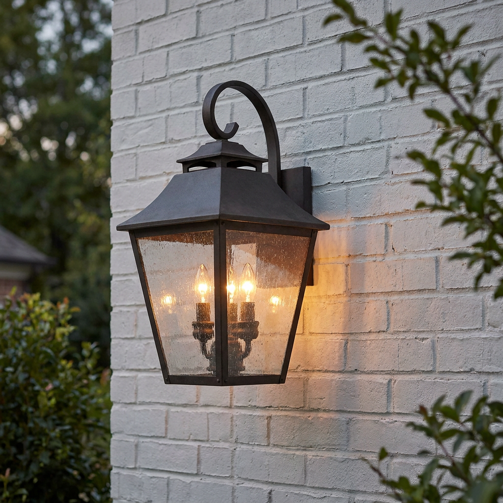 Feiss Galena large outdoor wall light with three glowing bulbs and seeded glass, mounted on a white brick wall.