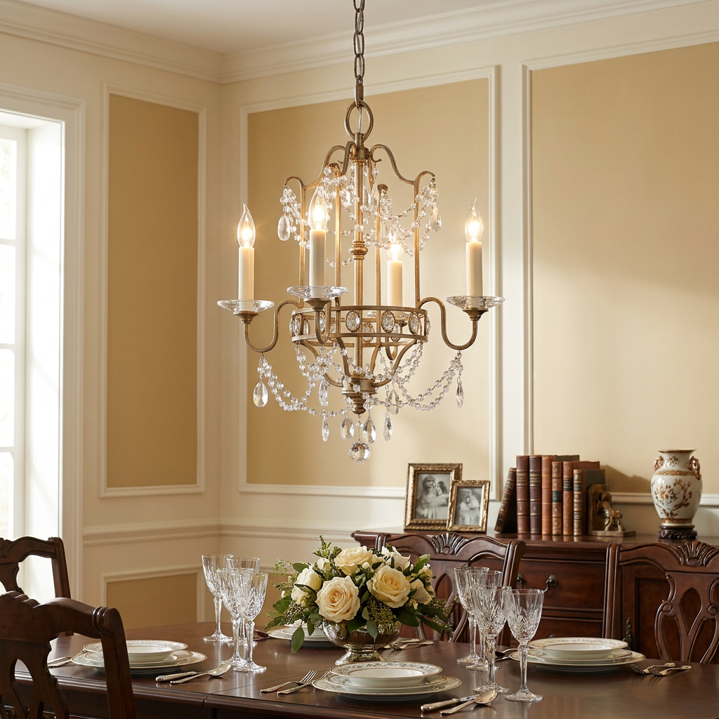 Feiss Gianna 4 Light Gilded Silver Chandelier with crystal droplets hanging in an elegant formal dining room.