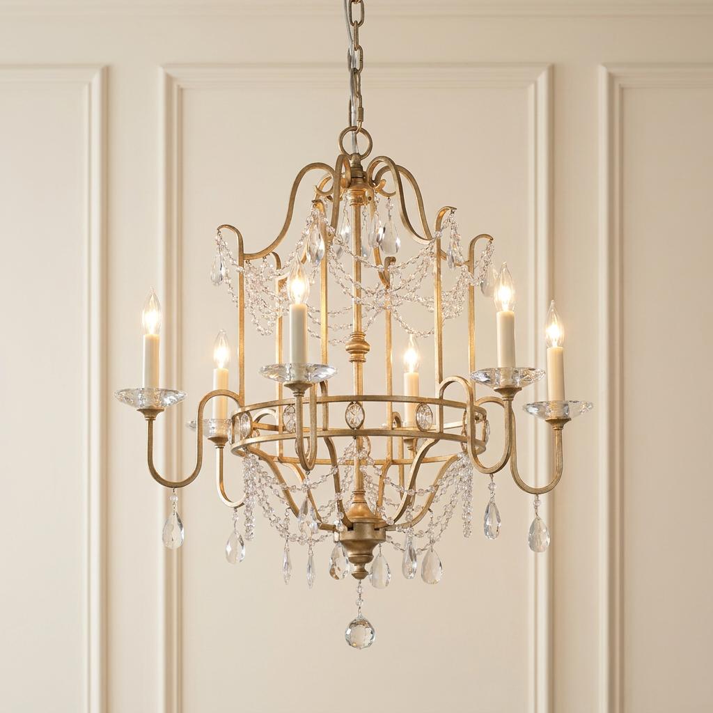 Ornate Feiss Gianna 6-light gilded silver chandelier with crystal beads and droplets against a neutral wall.