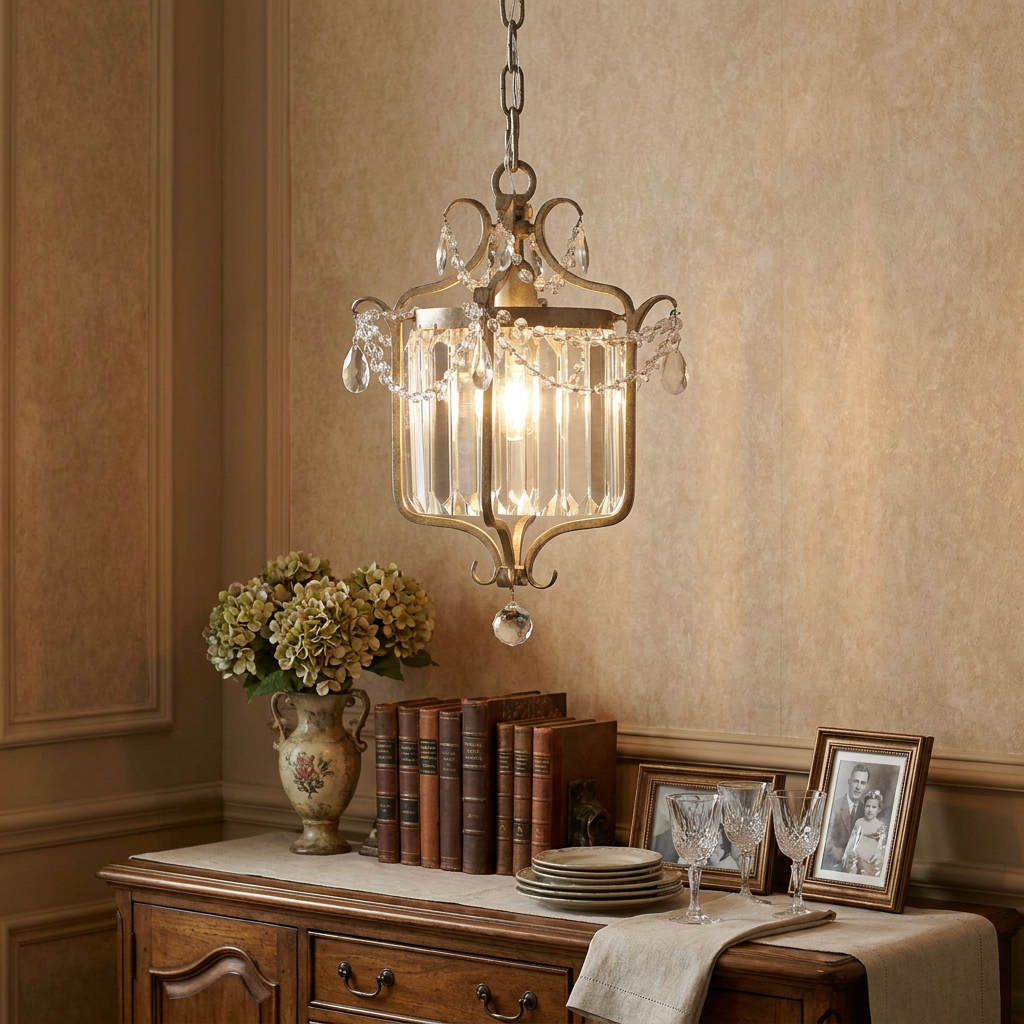 Elegant Gianna silver leaf lantern with crystal accents hangs above a traditional wooden sideboard.