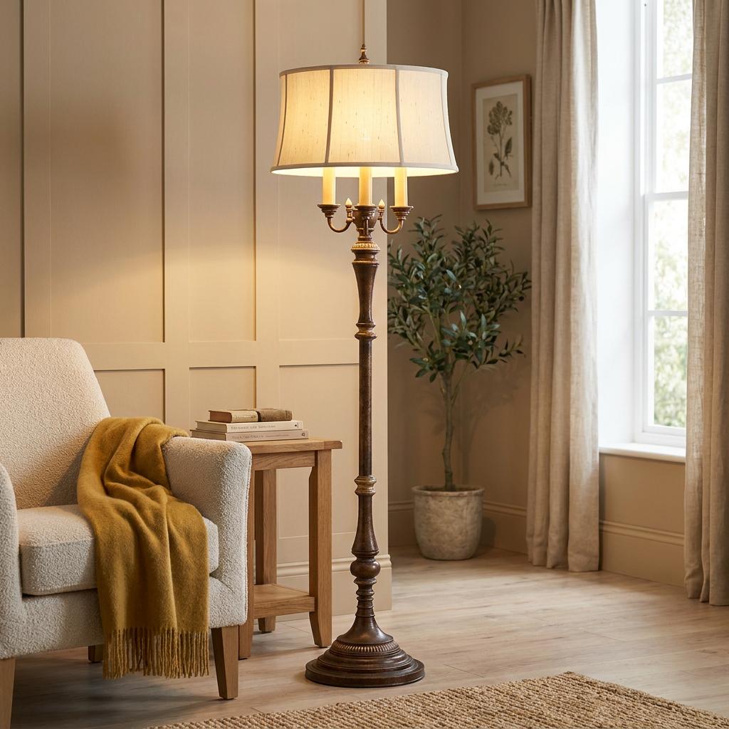 Traditional Cambridge crackle floor lamp with a cream fabric shade in a warm, cozy living room.
