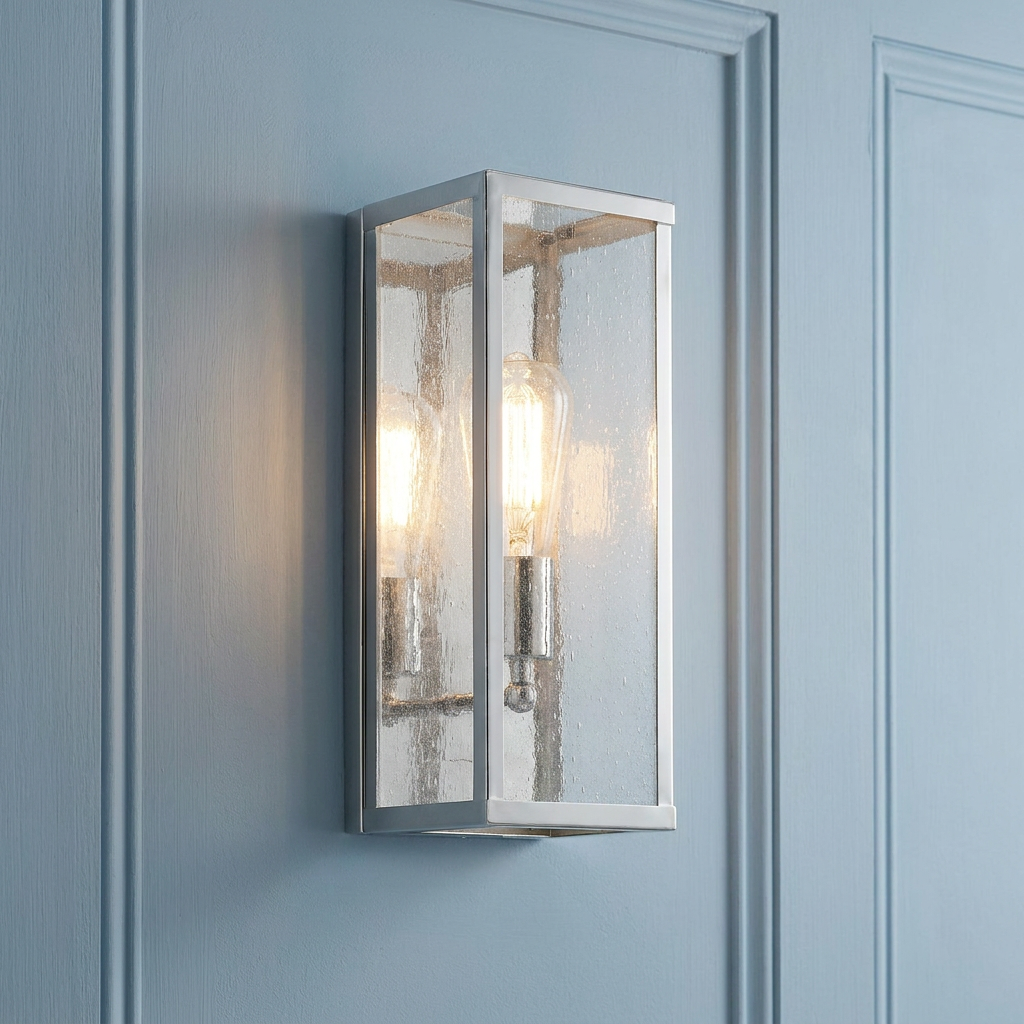 Polished nickel wall light with seeded glass panels mounted on a light blue paneled wall.