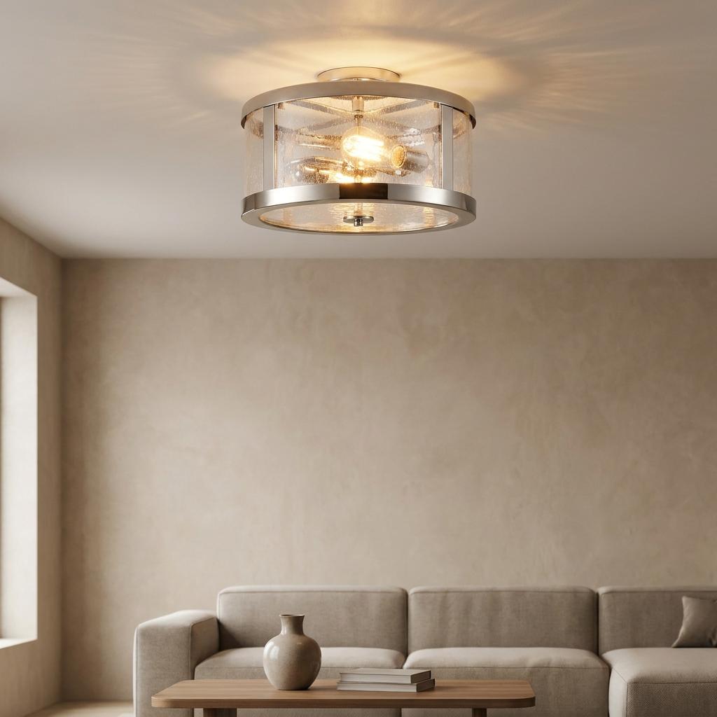 Feiss Harrow 2 light semi flush polished nickel ceiling light with seeded glass above a beige sofa.