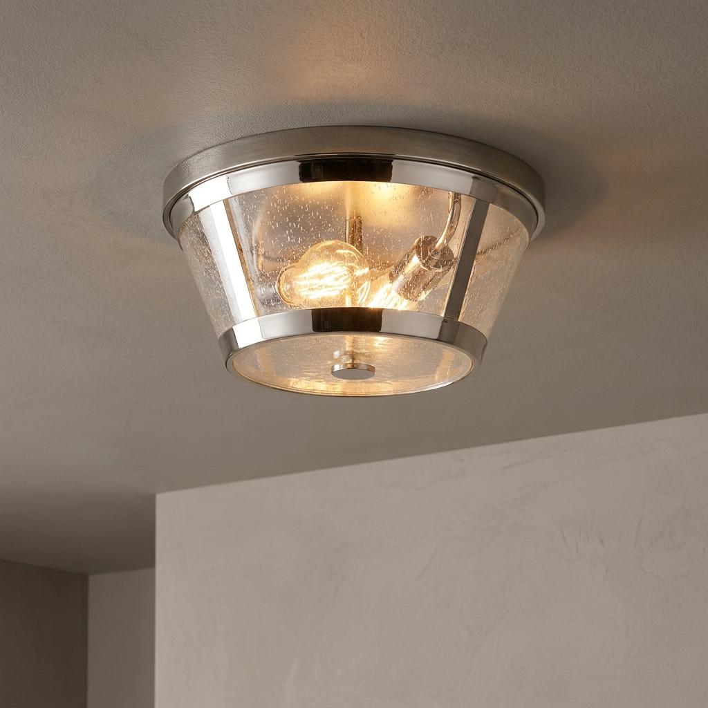 Polished nickel flush mount ceiling light with seeded glass shade and glowing vintage-style bulbs.