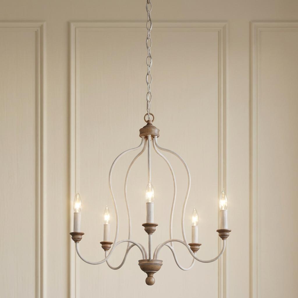 Five-light chandelier with chalk white curved arms and beechwood accents against a cream paneled wall.