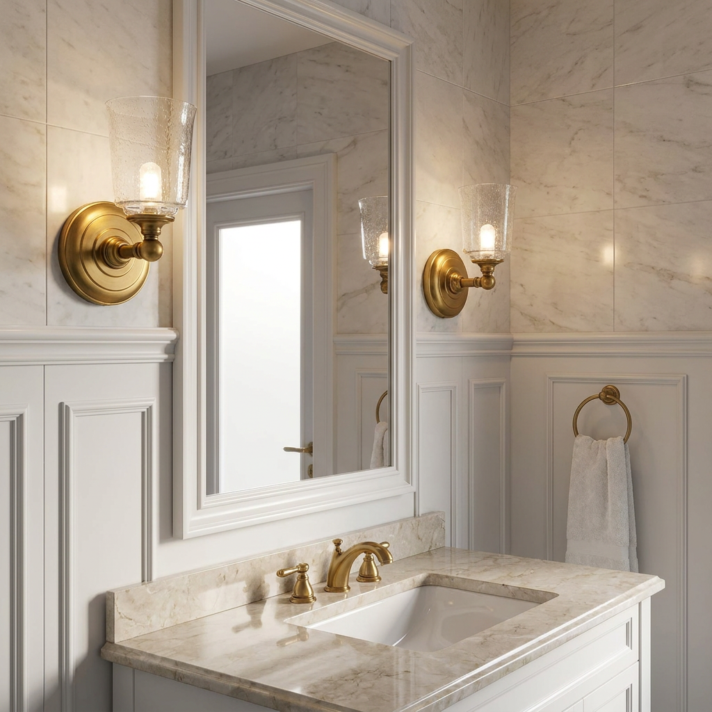 Brass bathroom wall lights with seeded glass shades mounted on marble tile beside a vanity mirror.