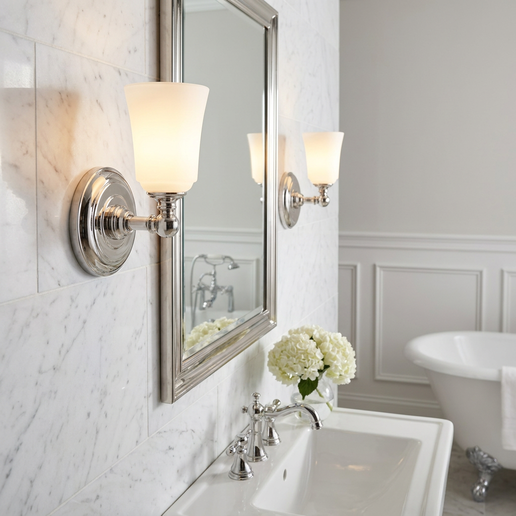 Chrome bathroom wall light with a frosted glass shade mounted on a marble wall beside a mirror.