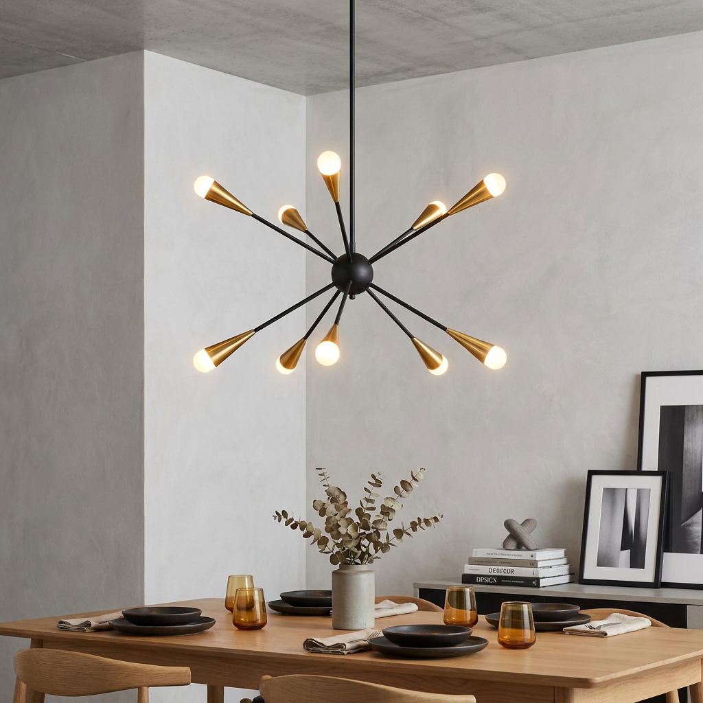 Feiss Jax 10-light sputnik chandelier in black and brass hanging above a wooden dining table in a modern room.