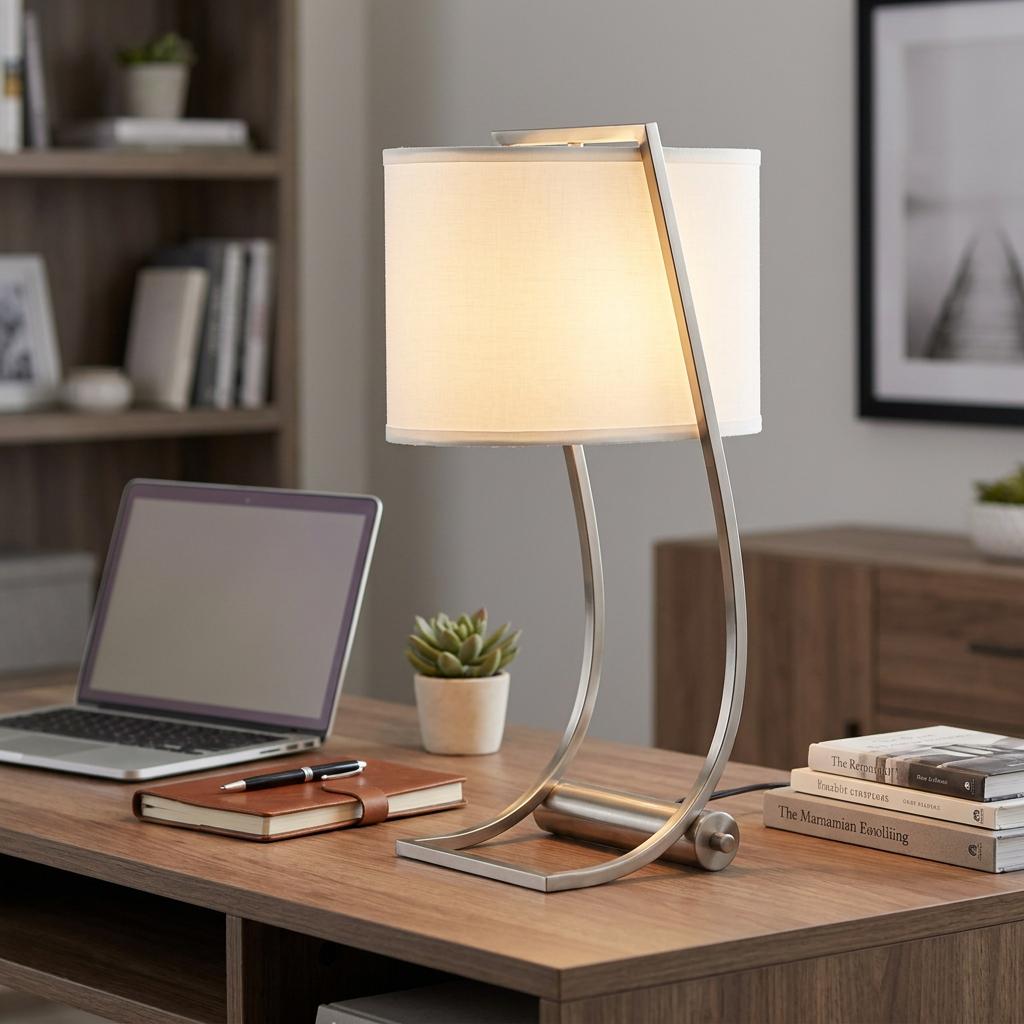 Modern curved brushed steel desk lamp with a white drum shade glowing on a wooden office desk.