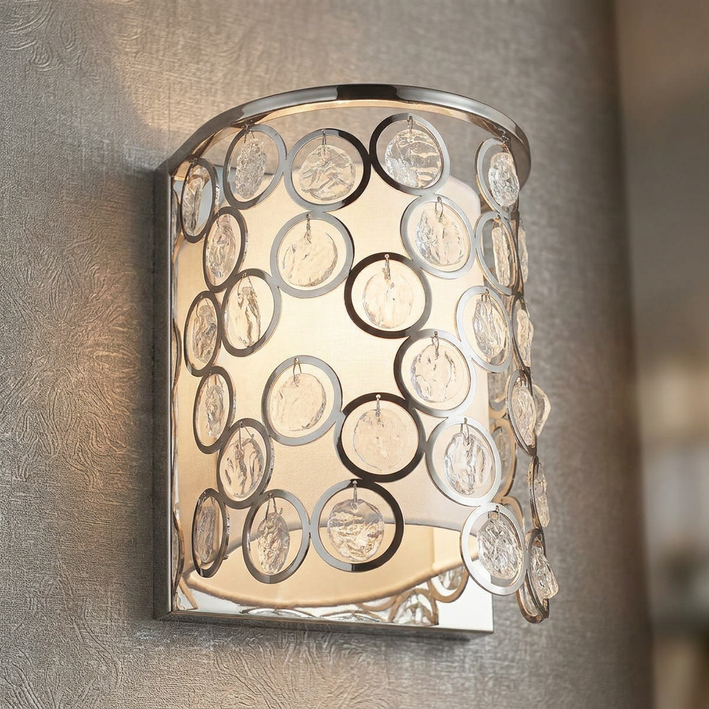 Polished chrome wall sconce with decorative circular rings and crystal discs, glowing on a textured gray wall.