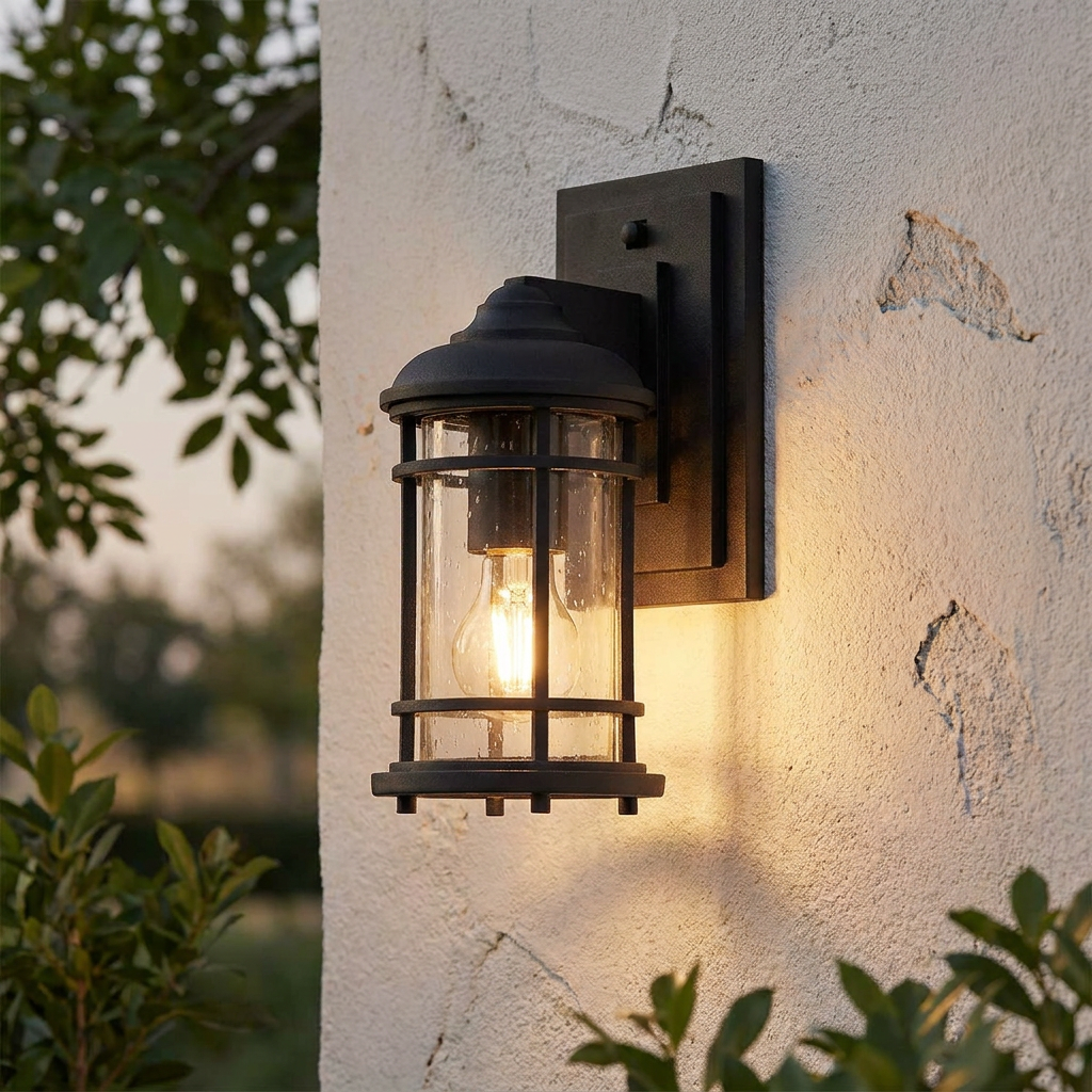 Feiss Lighthouse black outdoor wall lantern with a glowing bulb mounted on a textured stone wall.