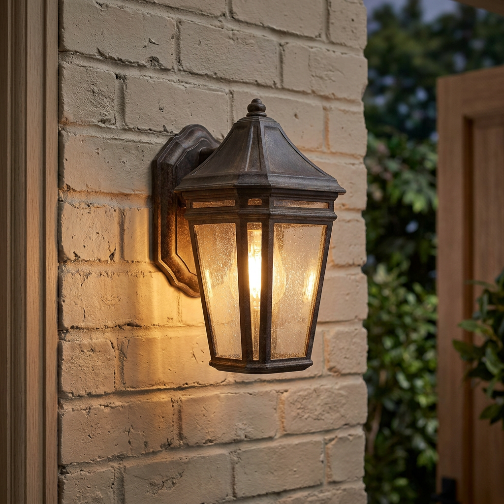 Feiss Londontowne outdoor wall lantern with weathered bronze finish and seeded glass mounted on a brick wall.