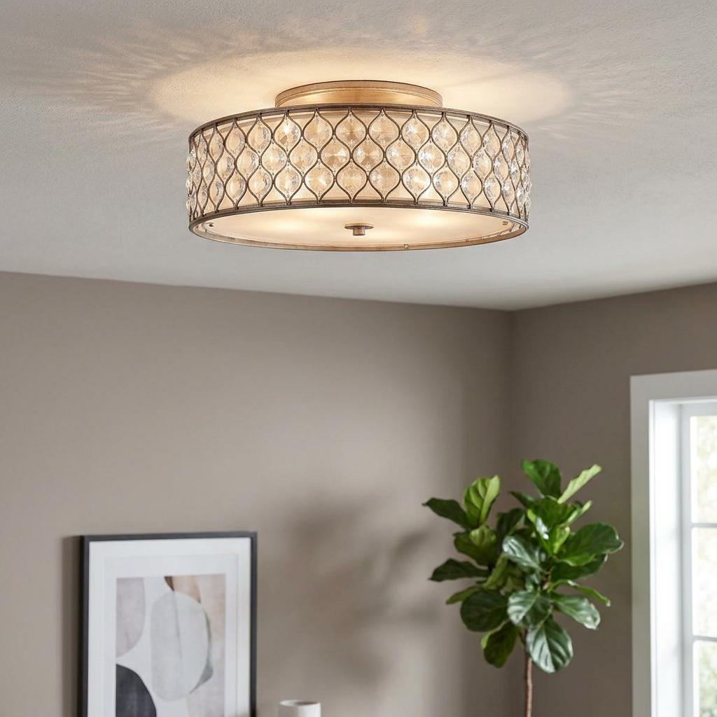 Burnished silver flush mount ceiling light featuring a crystal lattice drum shade and frosted glass diffuser.