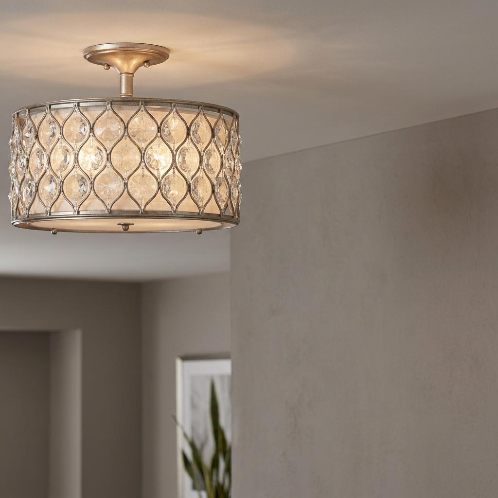 Feiss Lucia semi-flush ceiling light with burnished silver lattice and crystal accents in a neutral room.