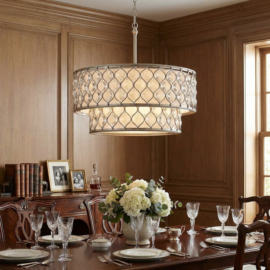Two-tier Feiss Lucia chandelier with crystal lattice and linen shade hanging above a wood-paneled dining room table.