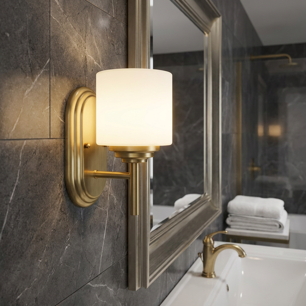 Brushed brass bathroom wall light with a frosted white cylindrical shade mounted on dark grey marble tiles.