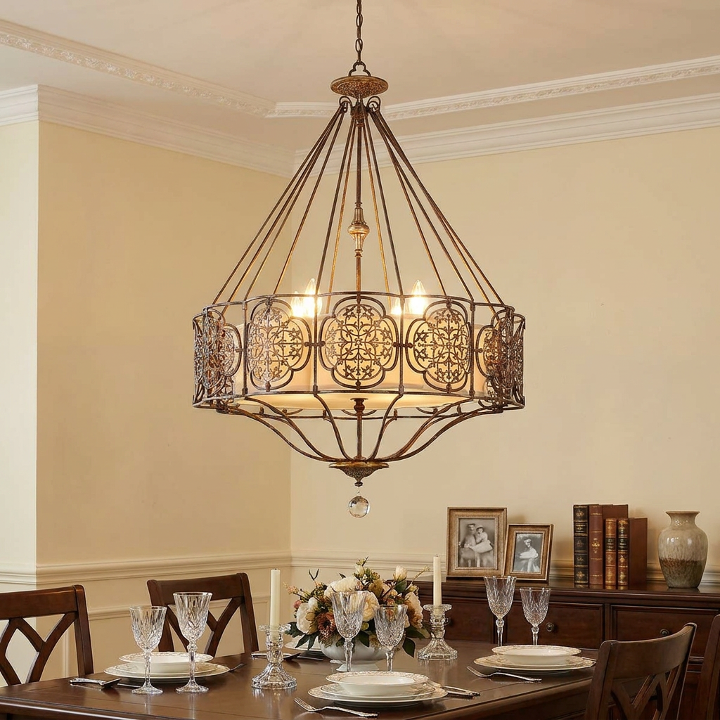 Ornate Feiss Marcella 4-light bronze chandelier with filigree detail hanging in a traditional dining room.
